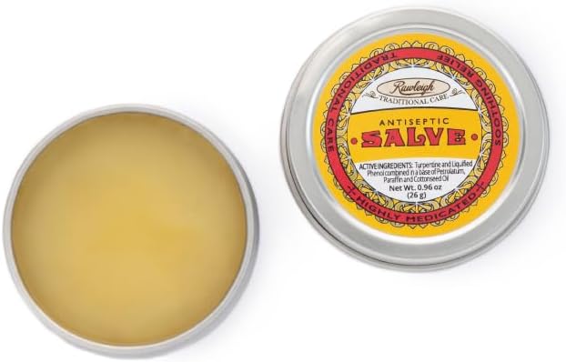 Rawleigh Antiseptic Yellow Salve Small Tin: 0.96 oz, Natural, Multi-Purpose Ointment Soothes Skin Cuts, Bruises, Irritations, with Turpentine, Phenol, Cottonseed Oil, Original Formula - Pack of 6