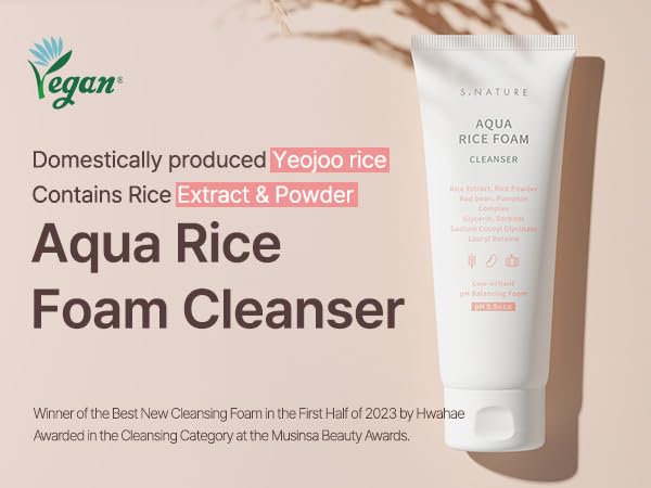 S.NATURE AQUA RICE FOAM CLEANSER | Facial Cleanser, Rice Extract Rice Powder Cleanser with Mild Cleansing, Glycerin,Vegan, Face Wash, Korean Skincareㅣ 160ml 5.4 Fl Oz