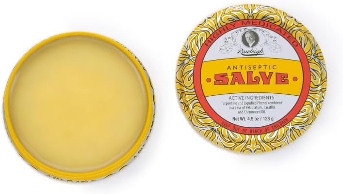 Rawleigh Antiseptic Salve Iconic Yellow Big Tin: 4.5 oz, Natural, Multi-Purpose Ointment Soothes Skin Cuts, Bruises, Irritations, with Turpentine, Phenol, Cottonseed Oil, Original Formula - Pack of 1