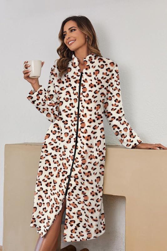 Ekouaer Women's Zip Up Robe Fleece Bathrobe Long Zipper Lounger Warm Housecoat Long Sleeve Nightgown with Pockets S-XXL