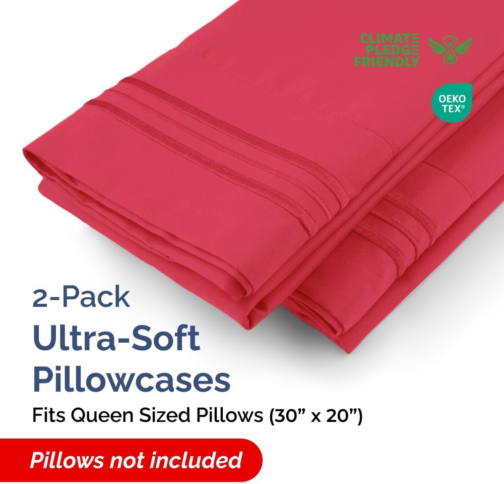 Queen Pillow Cases Set of 2 - Ultra Soft Hotel Quality Pillowcase Covers - Comfy, Cozy, Cooling & Wrinkle Free - Shrink, Stain & Fade Resistant - Machine Washable Pillow Protectors - 2 Piece Set - Red