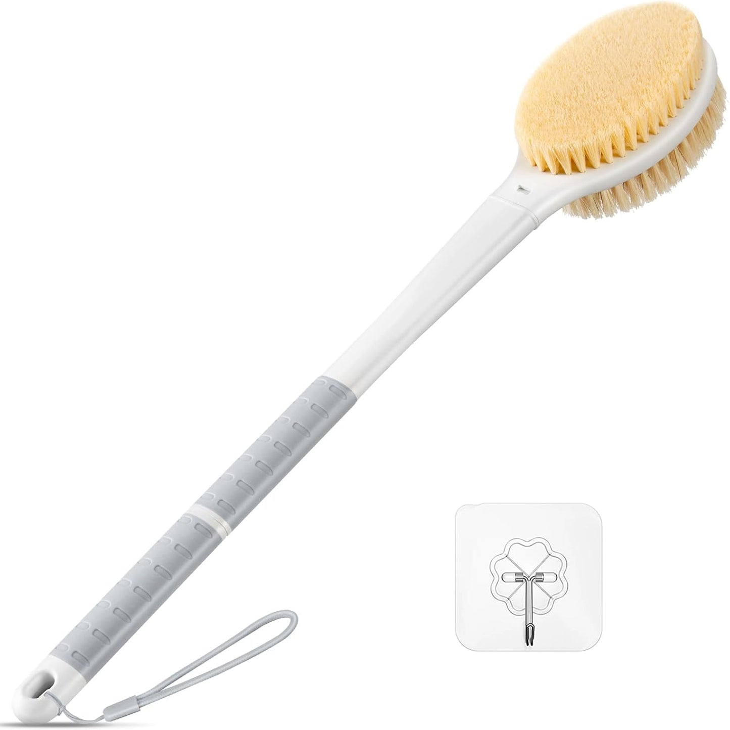 Back Scrubber Body Shower Brush: Anti Slip Long Handle Bath Brush with Stiff and Soft Bristles - Showering Exfoliator Wet or Dry Brushing for Women, Men, Elderly (Grey)