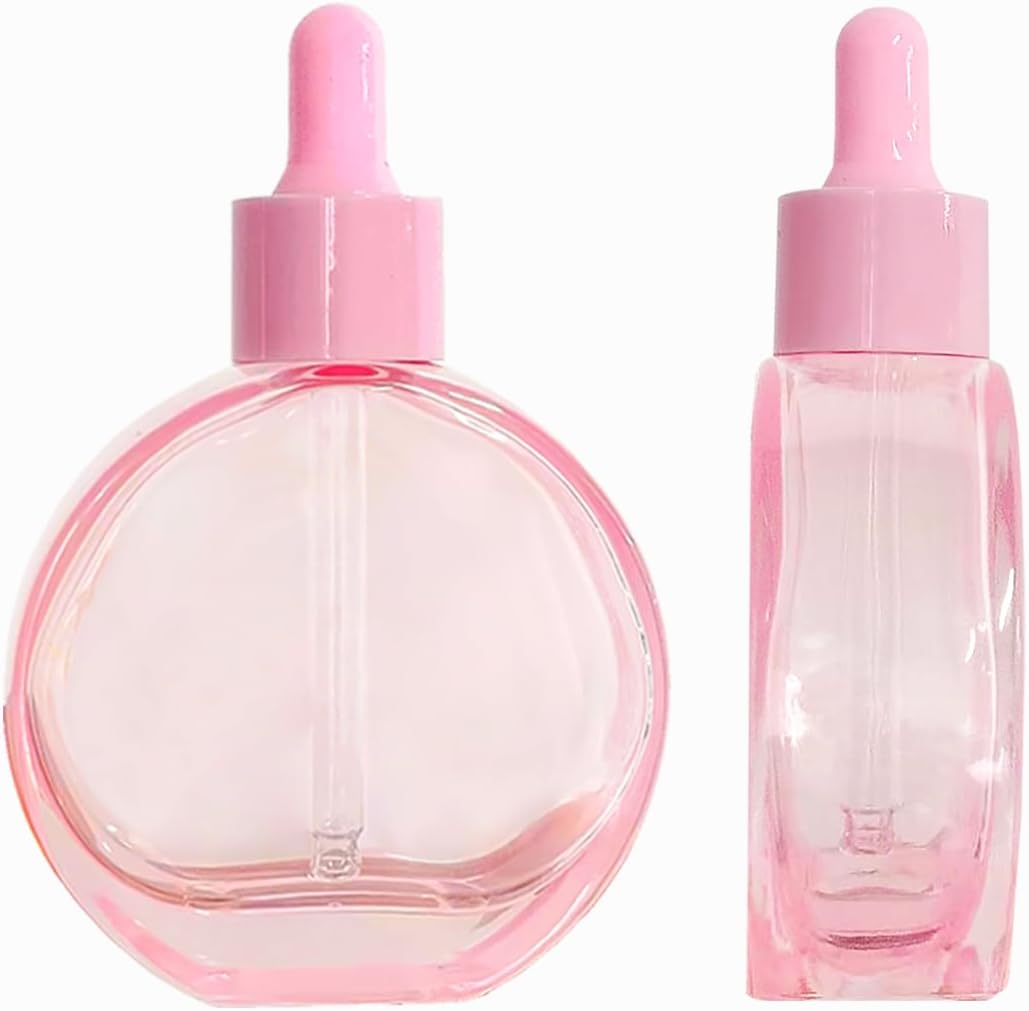 6Pcs 2 oz Glass Dropper Bottles for Essential Oils,60ml Pink flat round perfume bottle with Eye Droppers,for Oils,Perfumes,Serums,Leakproof for Travel (Pink)