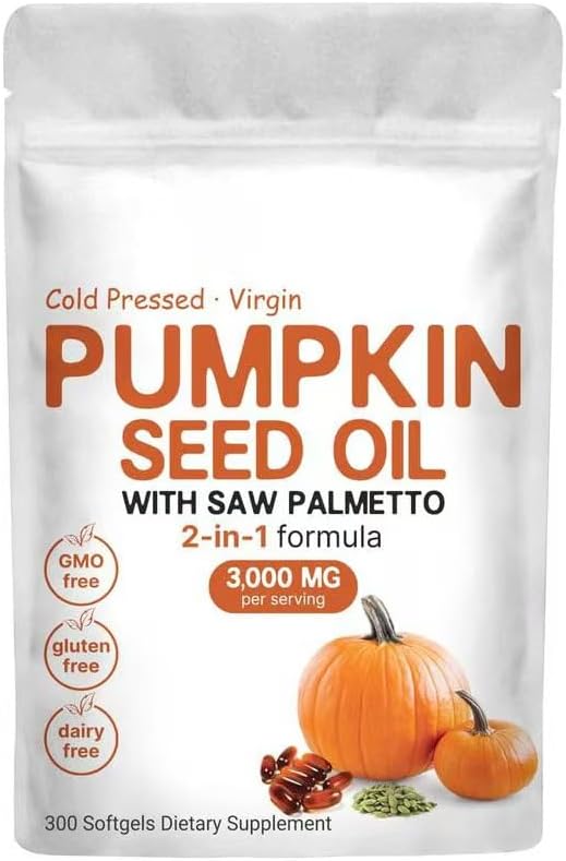 Pumpkin Seed Oil Capsules, Pumpkin Seed Oil 2 in 1 with Saw Palmetto, 3000mg Pure & Natural Supplement, Hair Growth, Skin Care - Non-GMO, Gluten - Free 300 Softgels