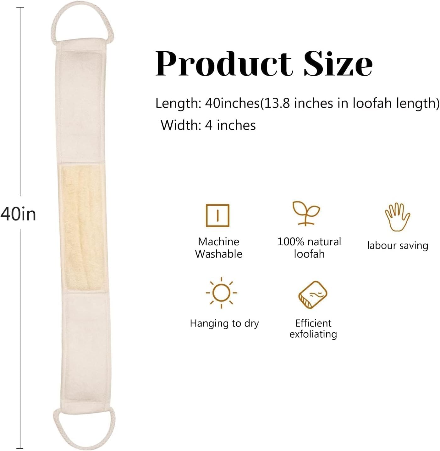 Inmorven Natural Loofah Exfoliating Back Scrubber for Shower Set (40 inch), Loofah for Men Women Sponge Pads & Body Sponge Scrubber, Deep Clean & Invigorate Your Skin, Beige