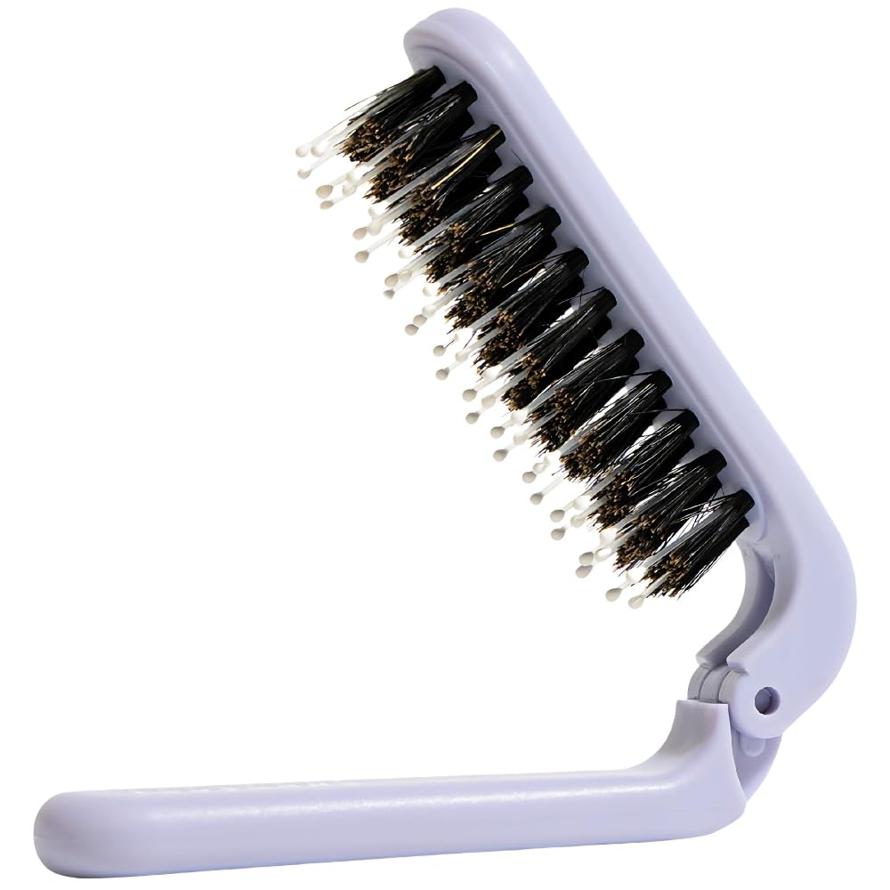 Uffy MiniPop Travel Hair Brush – Mini Folding Boar Bristles for Women, Men & Kids | Kid-Friendly Portable Purse Brush for Wet & Dry Hair, Curly or Straight | Pocket-Size Detangler – Lavender