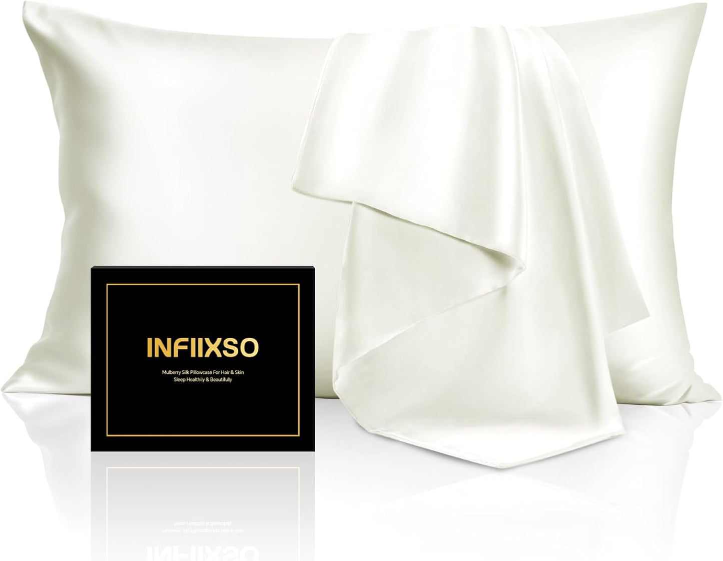 INFIIXSO Mulberry Silk Pillowcase for Hair and Skin, Silk Pillow Cases Queen Size Set of 2 with Hidden Zipper 20"x30", Ultra Smooth and Soft Cooling Pillow Cases for Hot Sleepers(Cream, 2 Pack)