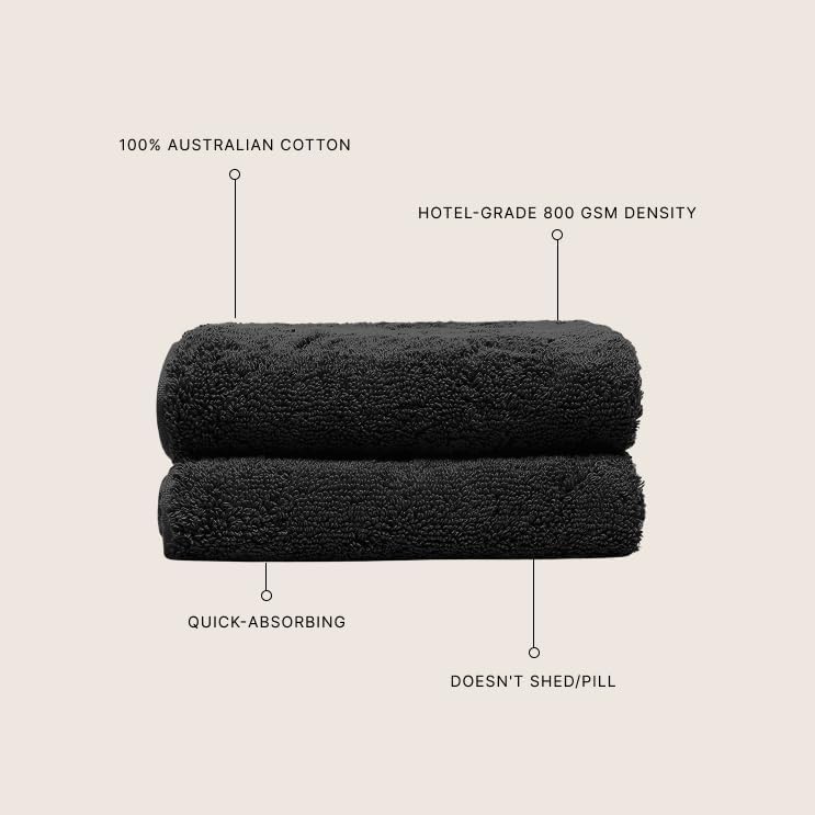 Italic Ultraplush 100% Australian Cotton Hand Towels - Set of 2 Luxury Hand Towels, Ultra Soft and Highly Absorbent 800GSM Towels for Bathroom,Shower, Hotel, and Spa (Black)