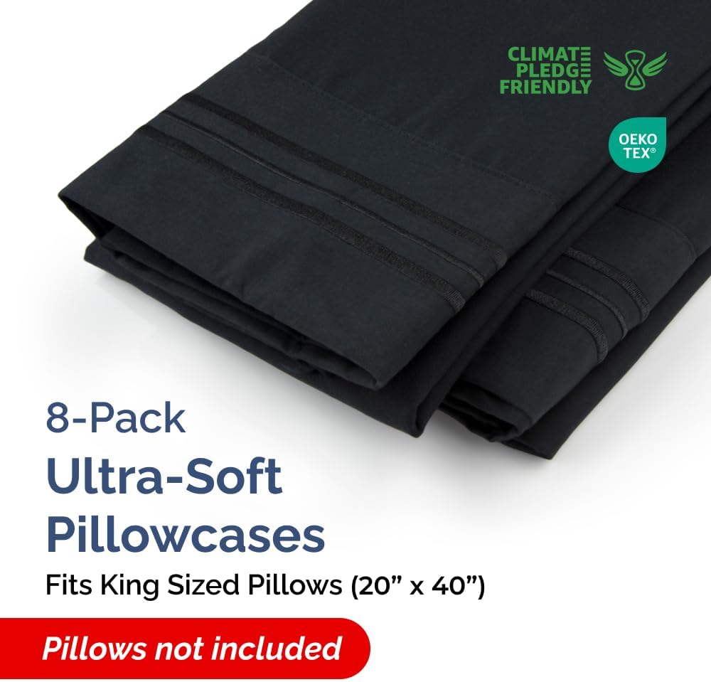 King Pillow Cases Set of 8 - Ultra Soft Hotel Quality Pillowcase Covers - Comfy & Wrinkle Free - Shrink, Stain and Fade Resistant - Easy-Care, Machine Washable Pillow Protectors - 8 Piece Set - Black