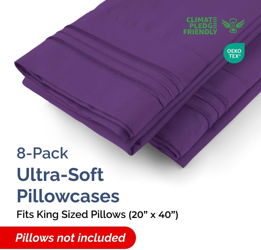 King Pillow Cases Set of 8 - Ultra Soft Hotel Quality Pillowcase Covers - Comfy & Wrinkle Free - Shrink, Stain and Fade Resistant - Easy-Care, Machine Washable Pillow Protectors - 8 Piece Set - Purple