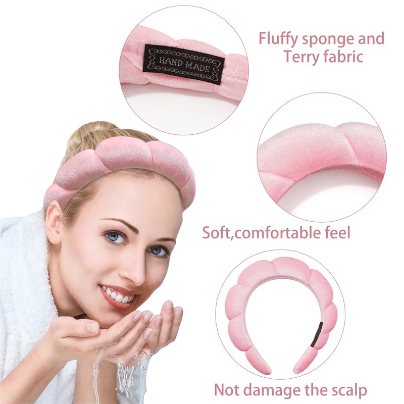 Ayesha 2pcs Spa Headband for Washing Face, Bubble Sponge Soft Hairband for Women - Skincare and Makeup (Pink&Black)