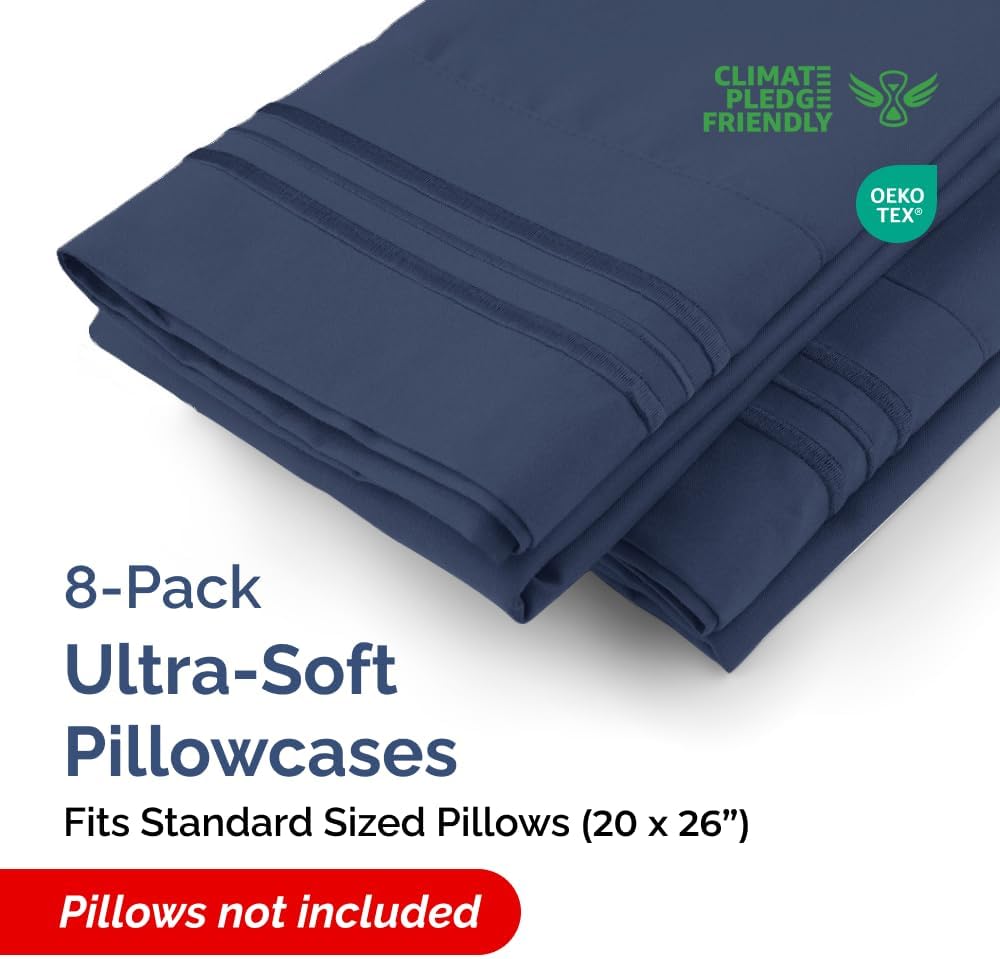 Standard Pillow Cases Set of 8 - Ultra Soft Hotel Quality Pillowcase Covers - Comfy, Cozy & Wrinkle Free - Shrink, Stain & Fade Resistant - Machine Washable Pillow Protectors - 8 Piece Set - Navy Blue