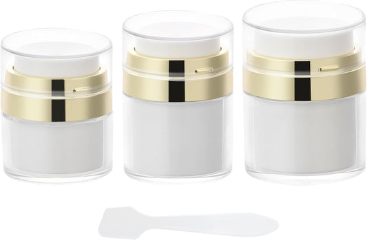 Segbeauty 3Pack Airless Pump Jar Lotion Container, Mixed Pack Empty Cream Subpackage Jar Vacuum Bottle Dispenser, Gold Refillable Cream Vacuum Bottles Travel Size for Lotion Moisturizer Creams