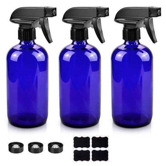 Glass Spray Bottles, 16oz Blue Glass Spray Bottles with Labels & Adjustable Nozzle, Reusable Containers for Cleaning, BBQ, Food, Plants, Alcohol, Essential Oils(3 Pack)