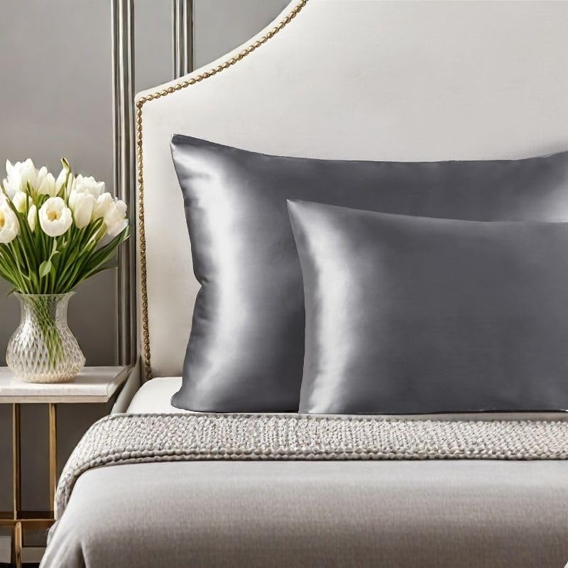 Juwenin Bedding,Luxury Satin Pillowcase with Zipper (Silky Satin Pillow Case for Hair) Set of 2 (Dark Grey, Standard(20''x26''))