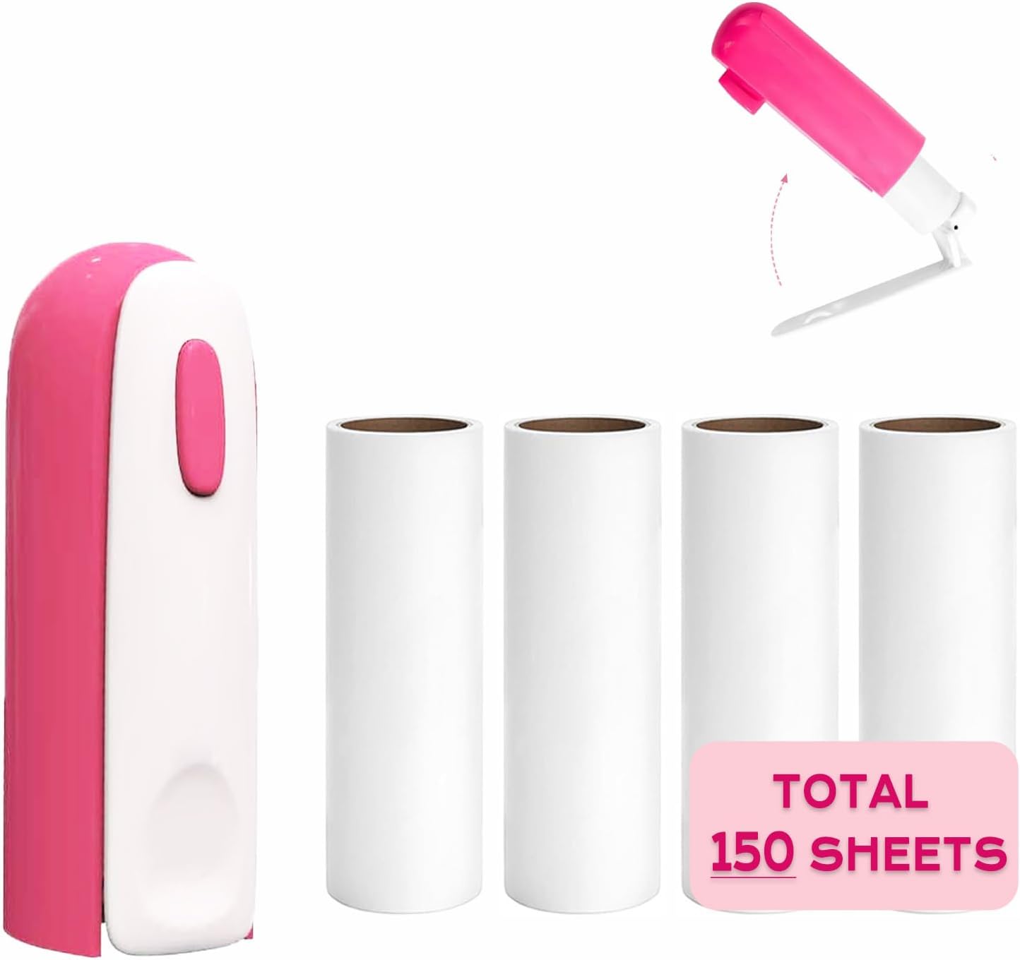 Mini Lint Roller with 150 Sheets, Travel Size Portable Lint Roller Compact Pet Hair Remover with 5 Refills, Sticky Small Lint Remover for Pocket Travel Essentials for Clothes (Rose)