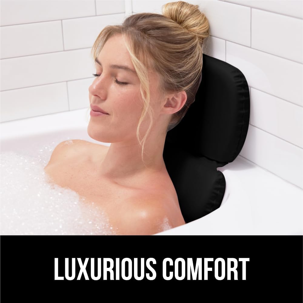GORILLA GRIP Bath Pillow for Tub, Improved Suction Cups, Luxury Bathtub Pillows, Headrest for Neck and Back Support, Relaxing Home Spa, Hot Tubs and Bathroom Essentials, Gifts for Women, 3 Panel Black
