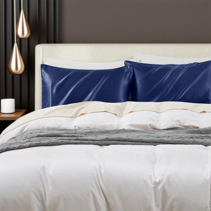 Juwenin Bedding,Super Soft and Luxury Silky Satin Pillowcase (Silky Satin Pillow Case for Hair) Set of 2 (Navyblue, King (20'x40'))