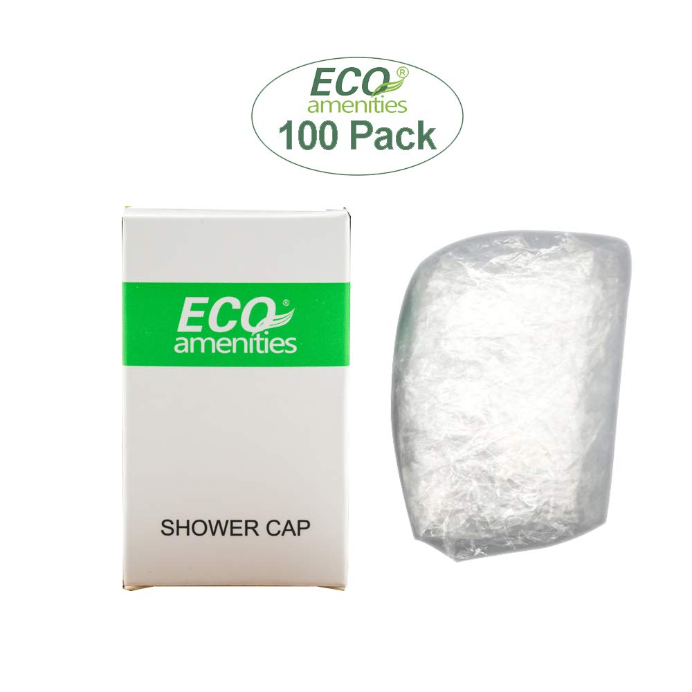 ECO Amenities Shower Cap - 100 Count, Adult - Individually Wrapped Disposable Caps for Hotel & Travel, Plastic Hair Cover, Bulk Hospitality Supplies