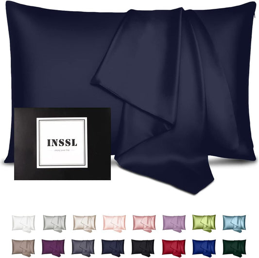 INSSL Silk Pillowcase for Women, Mulberry Silk Pillowcase for Hair and Skin and Stay Comfortable and Breathable During Sleep (Queen, Navy Blue)