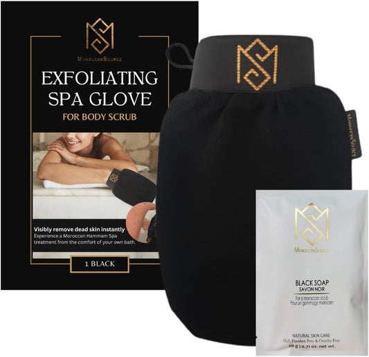 Exfoliating Glove Kessa Mitt Body Scrubber - Dead Skin Remover Shower Glove for Dead Skin Scrubbing and Deep Pore Cleansing - by MoroccanSource (1 Pack Black with soap Sample)