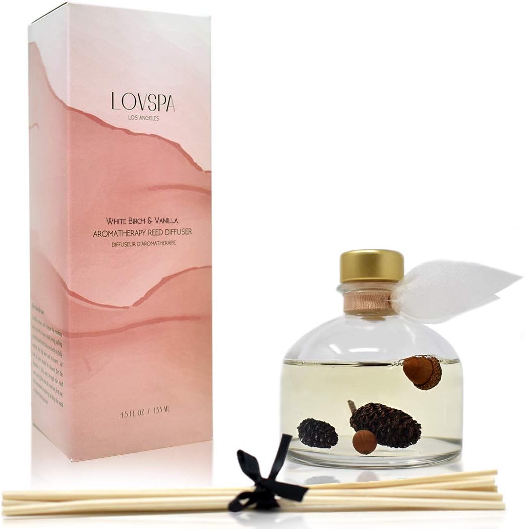 LOVSPA Reed Diffuser Set, White Birch & Vanilla Scented Oil Diffuser with Sticks, Home Fragrance Accessories for Bathroom Shelf Decor, Aroma Diffusers for Home or Office Fall Decor, USA Made