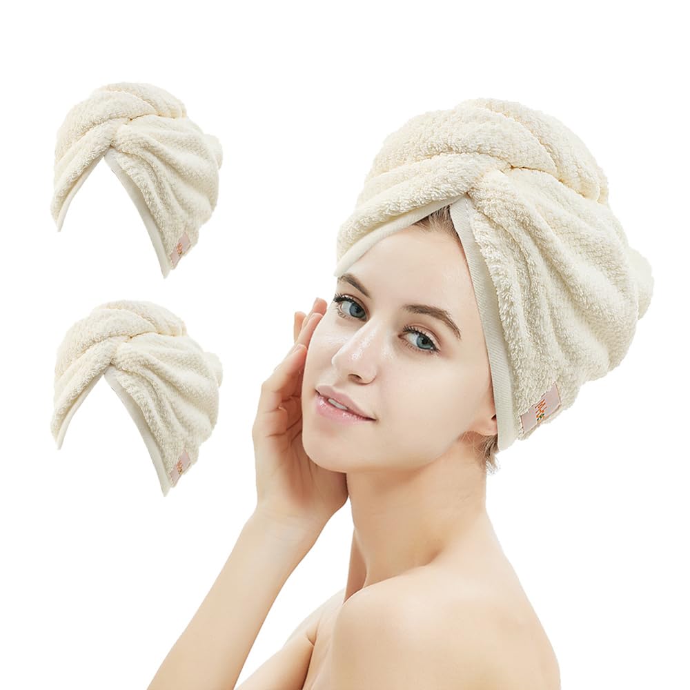 2 Pack Microfiber Hair Towel Wrap,Hair Drying Towel with Button, Absorbent and Soft,Anti-frizz Head Towel to Dry Hair Quickly(Beige&Beige)
