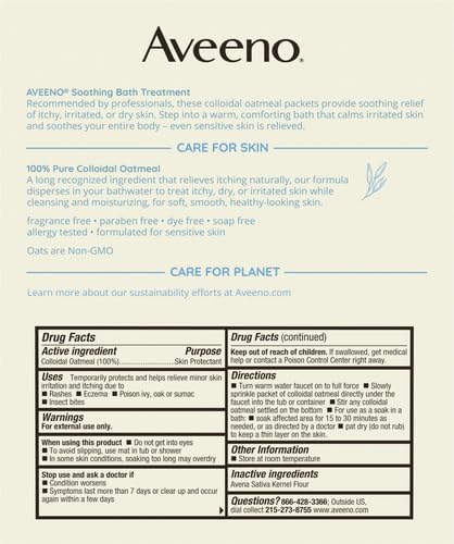 Aveeno Fragrance-Free Soothing Bath Treatment & Soak for Soothing Relief, 100% Natural Colloidal Oatmeal, Relieves Itchy, Irritated Skin Due to Eczema, 8 Single-Use Bath Packets (Pack of 2)