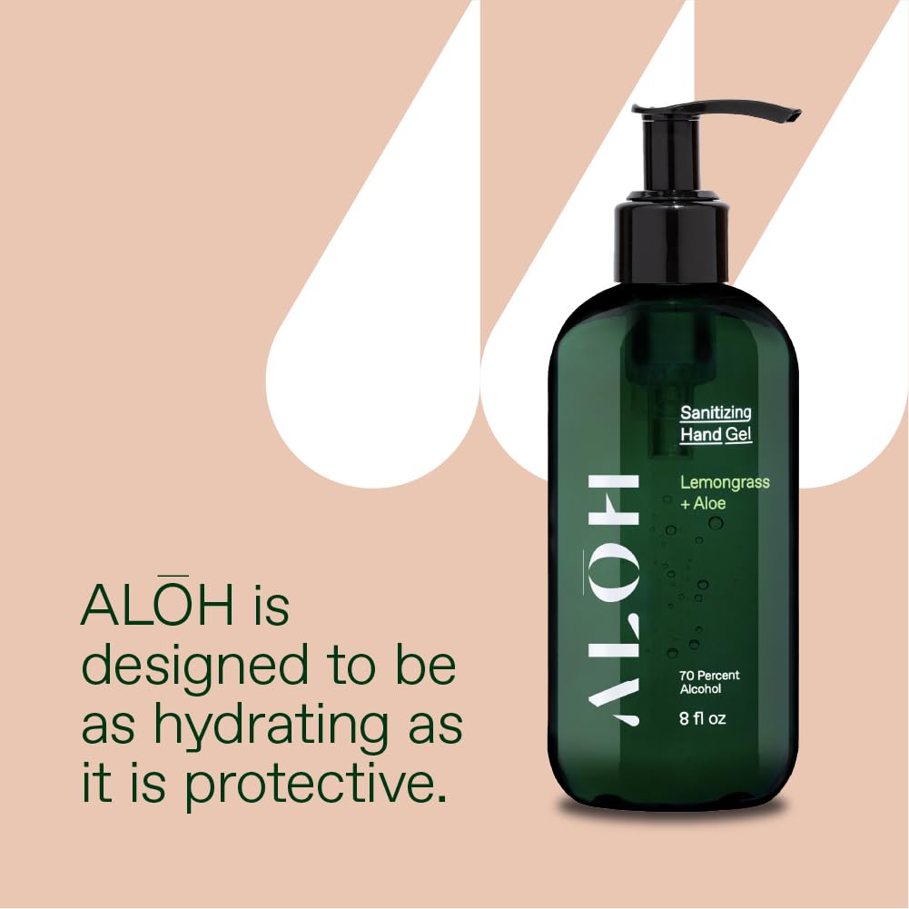 ALŌH Sanitizing Hand Gel 2-pack | Lemongrass + Aloe | 70% Alcohol Hydrating Hand Sanitizer Gel with Essential Oil, for Kids & Adults | 8oz Size Bottle (Set of 2)