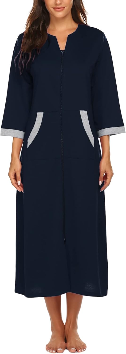 Ekouaer Women Zipper Robe 3/4 Sleeves Loungewear Dress Full Length Sleepwear Pockets Housecoat Nightgown Long Bathrobe