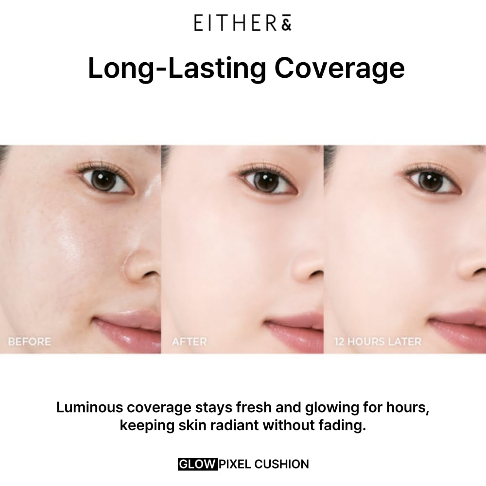 EITHER& Glow Pixel Cushion Foundation, Glowy Skincare, Korean Makeup, Natural Coverage, Moisturizing, Lightweight, Long Lasting Coverage for Flawless Skin (21N Natural)