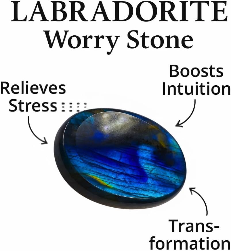Labradorite Worry Stone 35-40mm – Healing Thumb Crystal for Anxiety & Stress Relief – Palm Meditation Stone with Velvet Pouch Gift for Men & Women