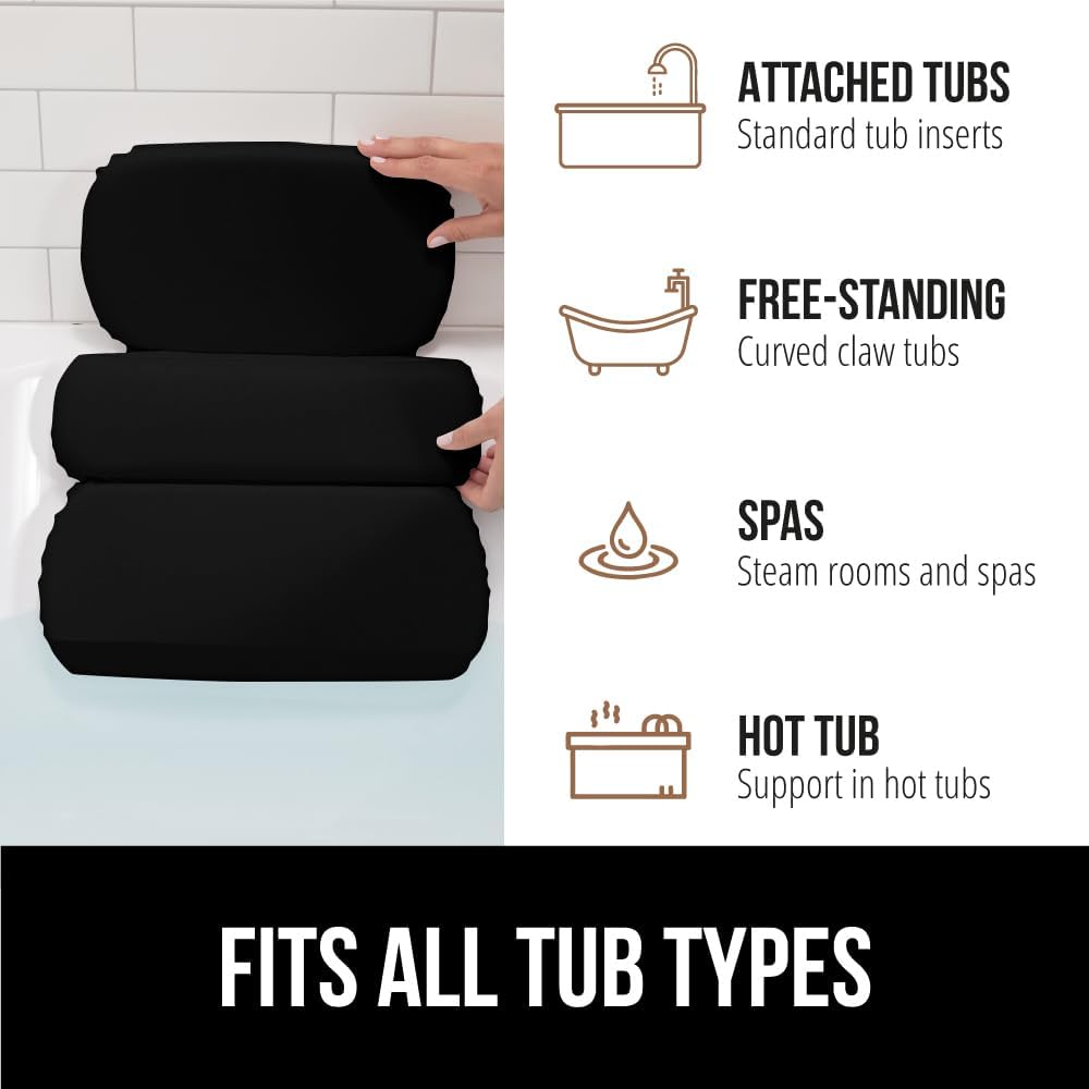 GORILLA GRIP Bath Pillow for Tub, Improved Suction Cups, Luxury Bathtub Pillows, Headrest for Neck and Back Support, Relaxing Home Spa, Hot Tubs and Bathroom Essentials, Gifts for Women, 3 Panel Black