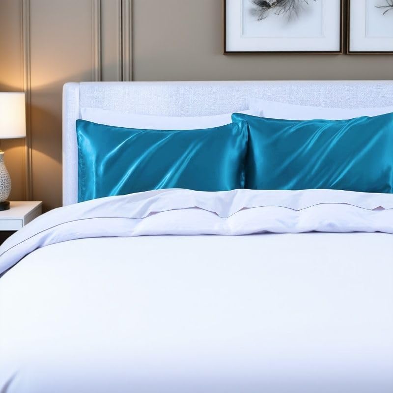 Juwenin Bedding,Super Soft and Luxury Silky Satin Pillowcase (Silky Satin Pillow Case for Hair) Set of 2 (Teal, King (20'x40'))