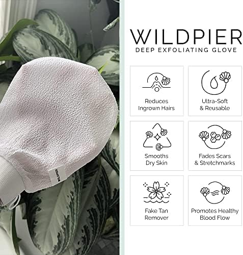 Wildpier Plus+ Exfoliating Glove Mitt Body Scrub for Bath Shower Spa Hand Exfoliator Gloves, Dead Skin Cell Remover, Plant Based Deep Exfoliation Scrubber, White