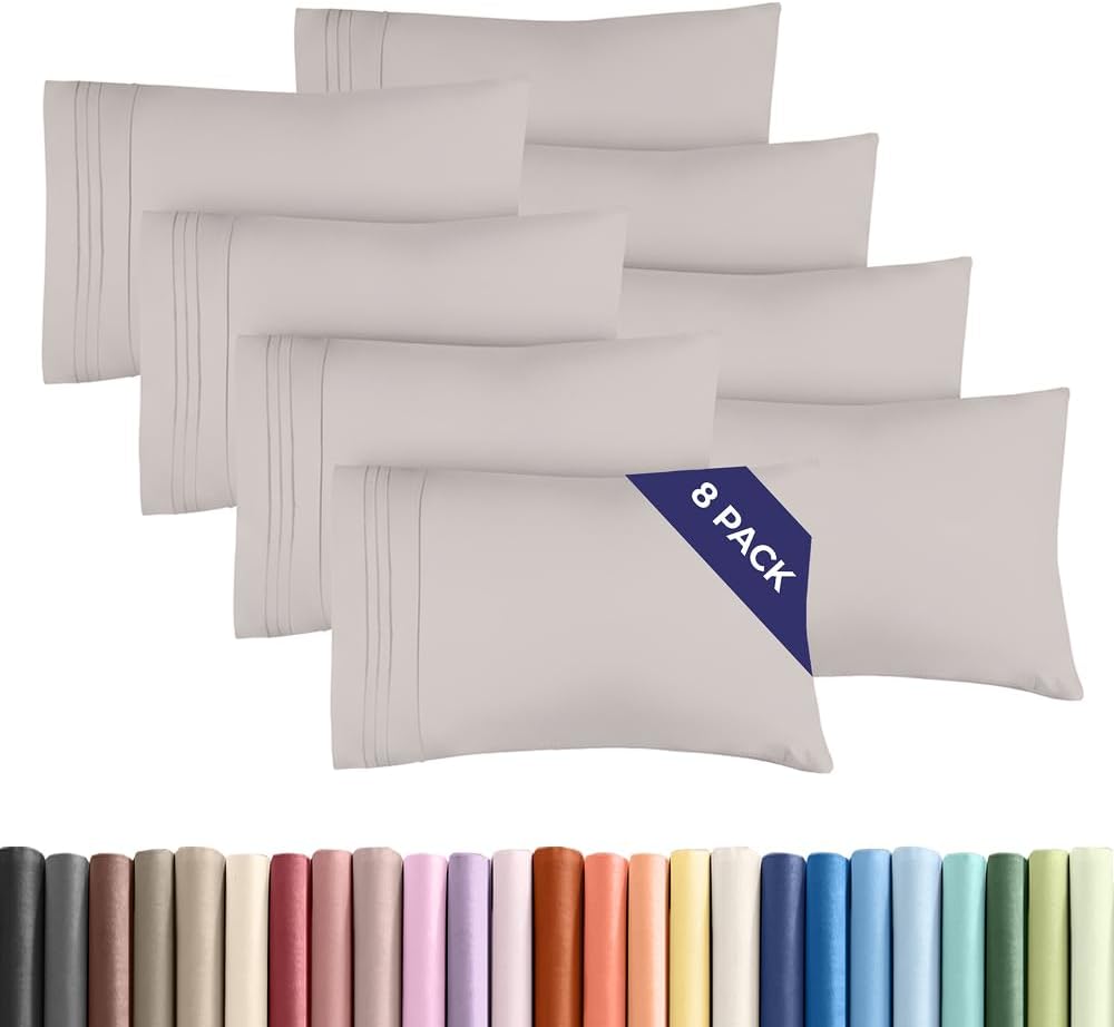 Queen Pillow Cases Set of 8 - Ultra Soft Hotel Quality Pillowcase Covers - Comfy, Cozy & Wrinkle Free - Shrink, Stain & Fade Resistant - Machine Washable Pillow Protectors - 8 Piece Set - Light Grey