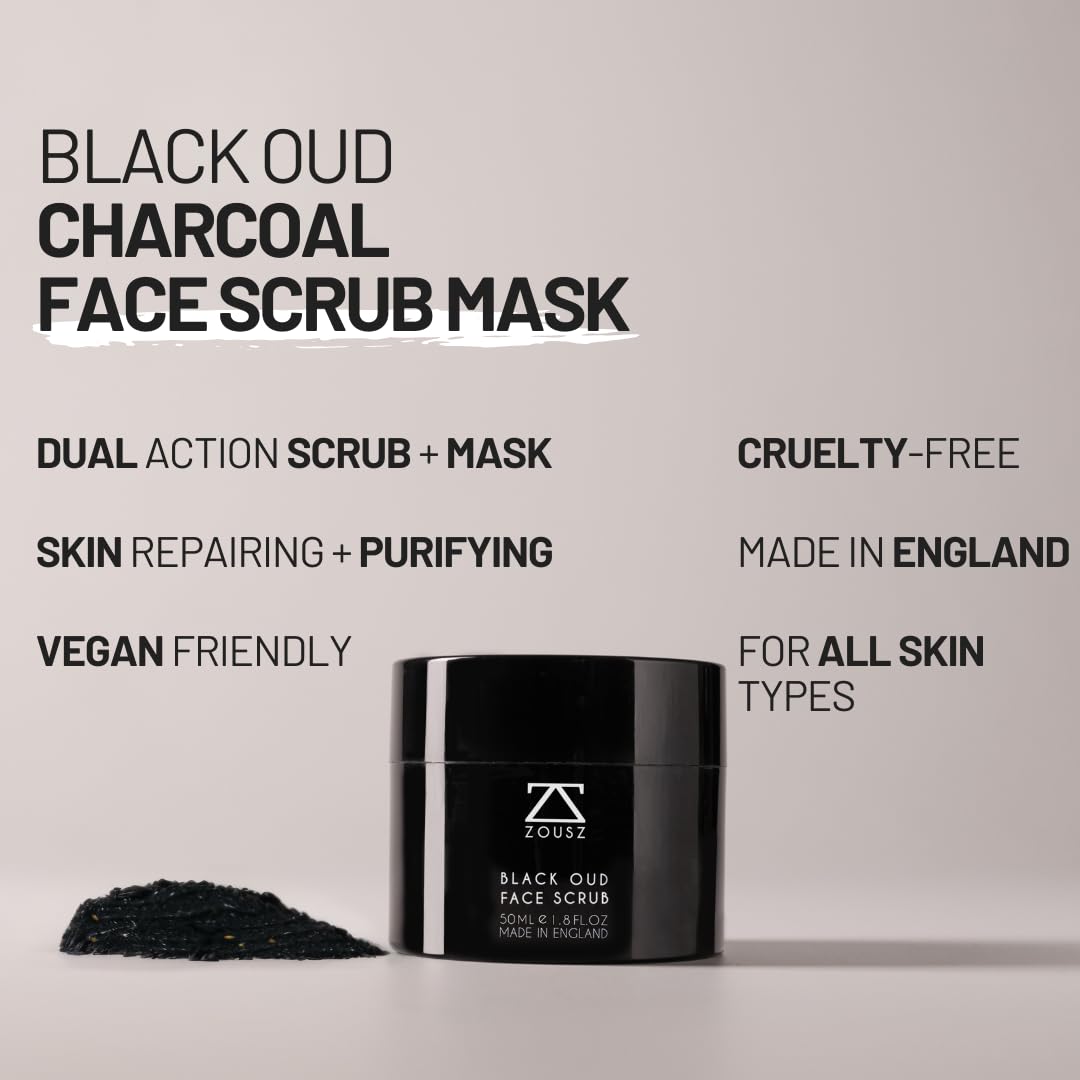 ZOUSZ Black Oud Charcoal Men’s Face Scrub & Mask – Deep Cleansing Exfoliating Clay Face Wash with Activated Charcoal, Salicylic Acid & Hyaluronic Acid – Clears Pores & Revives Skin – 50ml