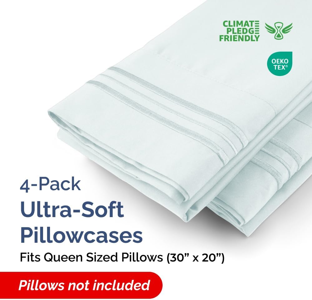 Queen Pillow Cases Set of 4 - Ultra Soft Hotel Quality Pillowcase Covers - Comfy, Cozy & Wrinkle Free - Shrinkage, Stain & Fade Resistant - Machine Washable Pillow Protectors - 4 Piece Set - Ice Blue