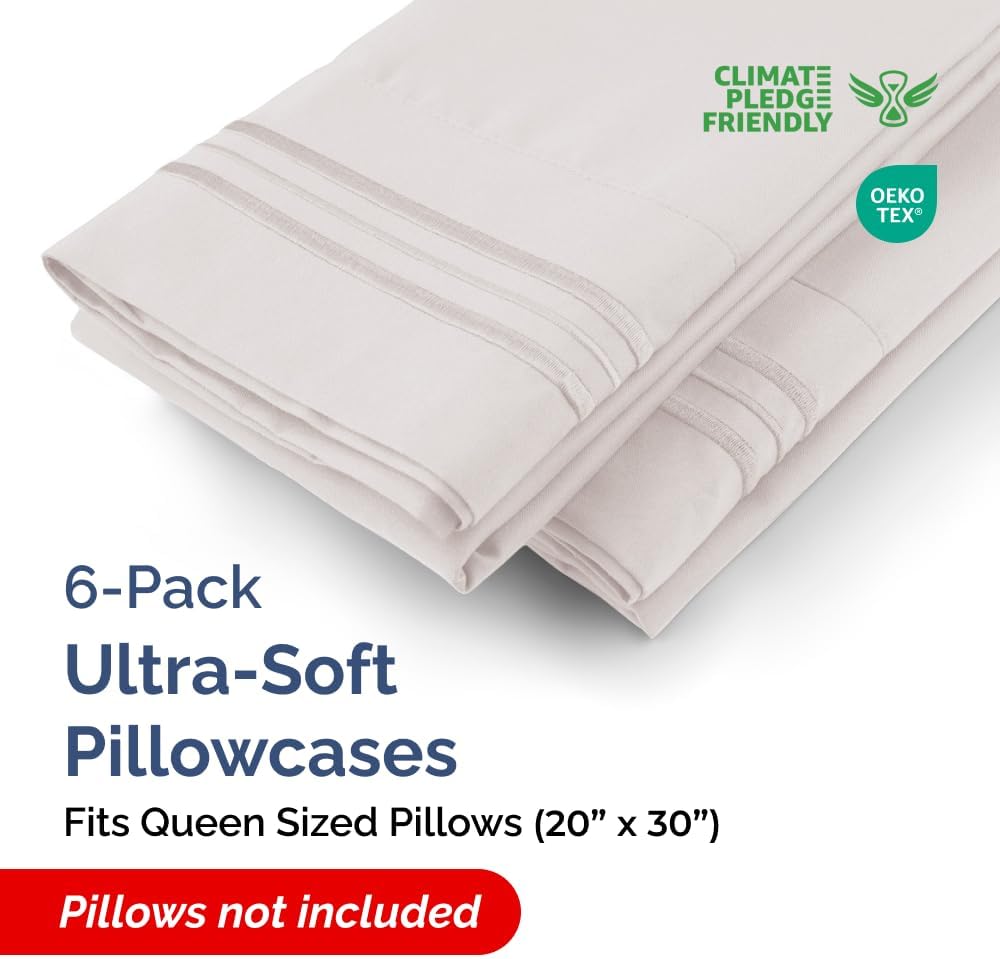 Queen Pillow Cases Set of 6 - Ultra Soft Hotel Quality Pillowcase Covers - Comfy, Cozy & Wrinkle Free - Shrink, Stain & Fade Resistant - Machine Washable Pillow Protectors - 6 Piece Set - Light Grey