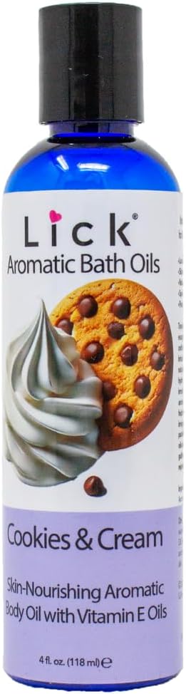 LICK Cookies and Cream Aromatic Bath Oil - Natural Sweet Almond, Vitamin E & Jojoba Oils for Luxurious Experience for Women. Moisturizes Dry Skin, 12 Enchanting Aromas, Made in USA 4 fl oz