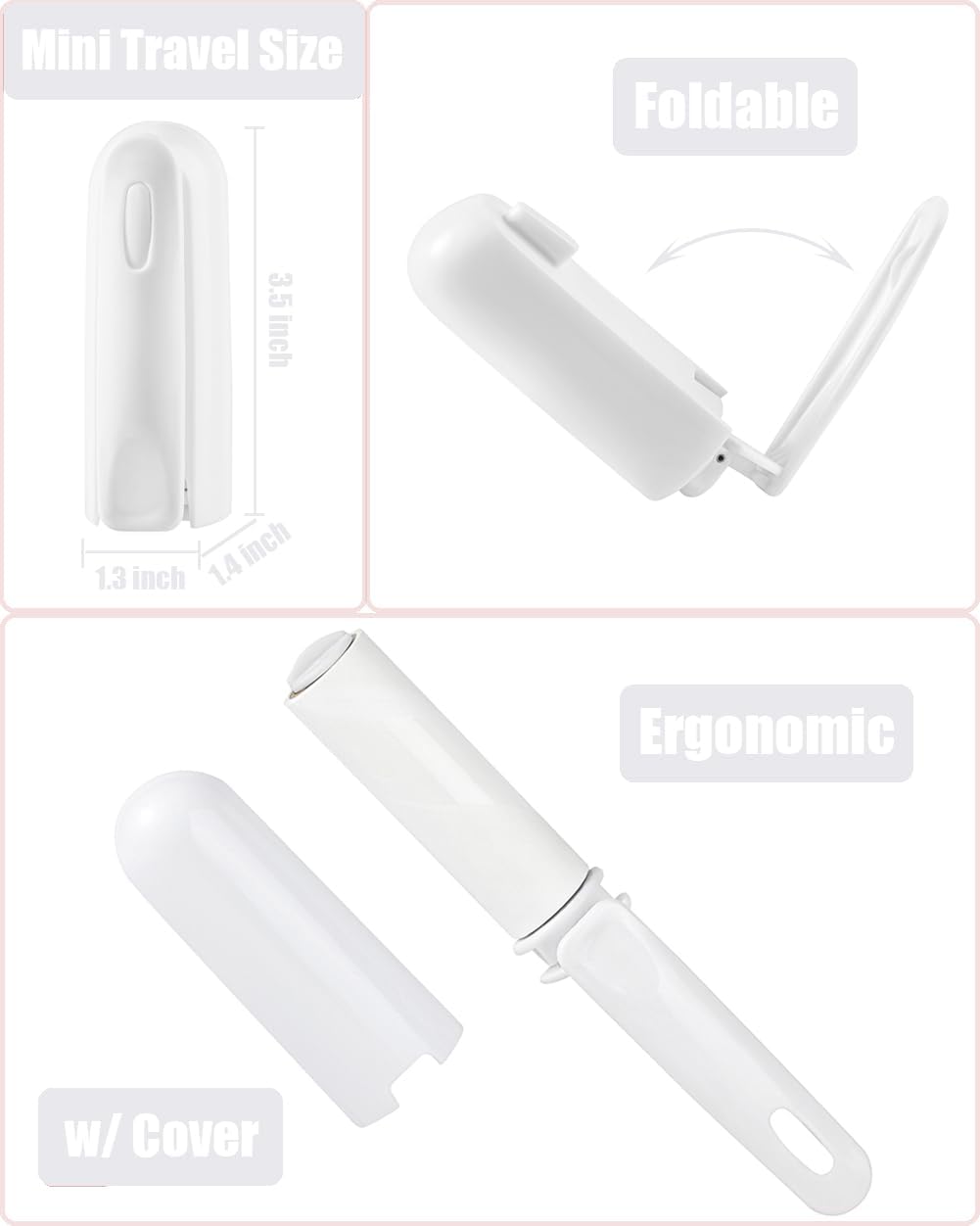 Mini Lint Roller Travel Size Refillable On The Go Lint Roller with Cap and 4 Refills Total 150 Extra Sticky Sheets for Pet Hair Lint Remover with Cover for Purse Bag Car (White)