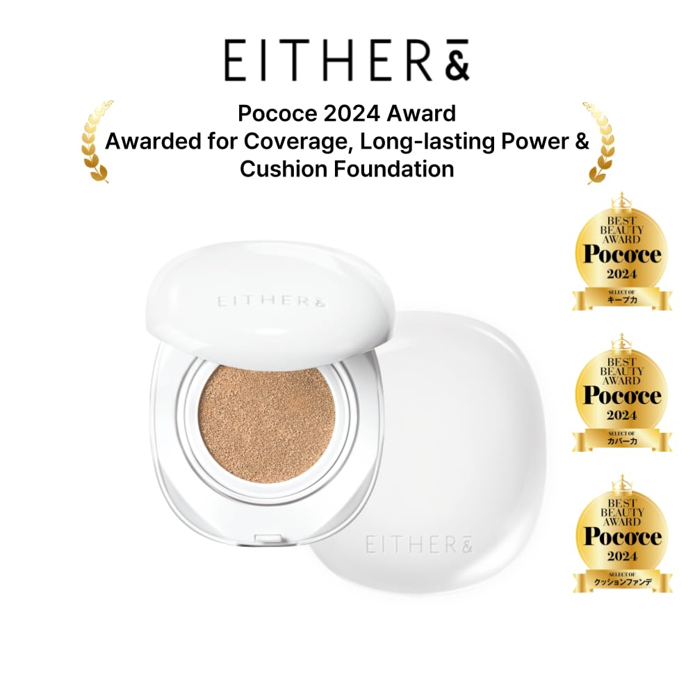 EITHER& Glow Pixel Cushion Foundation, Glowy Skincare, Korean Makeup, Natural Coverage, Moisturizing, Lightweight, Long Lasting Coverage for Flawless Skin (21P Rosy)