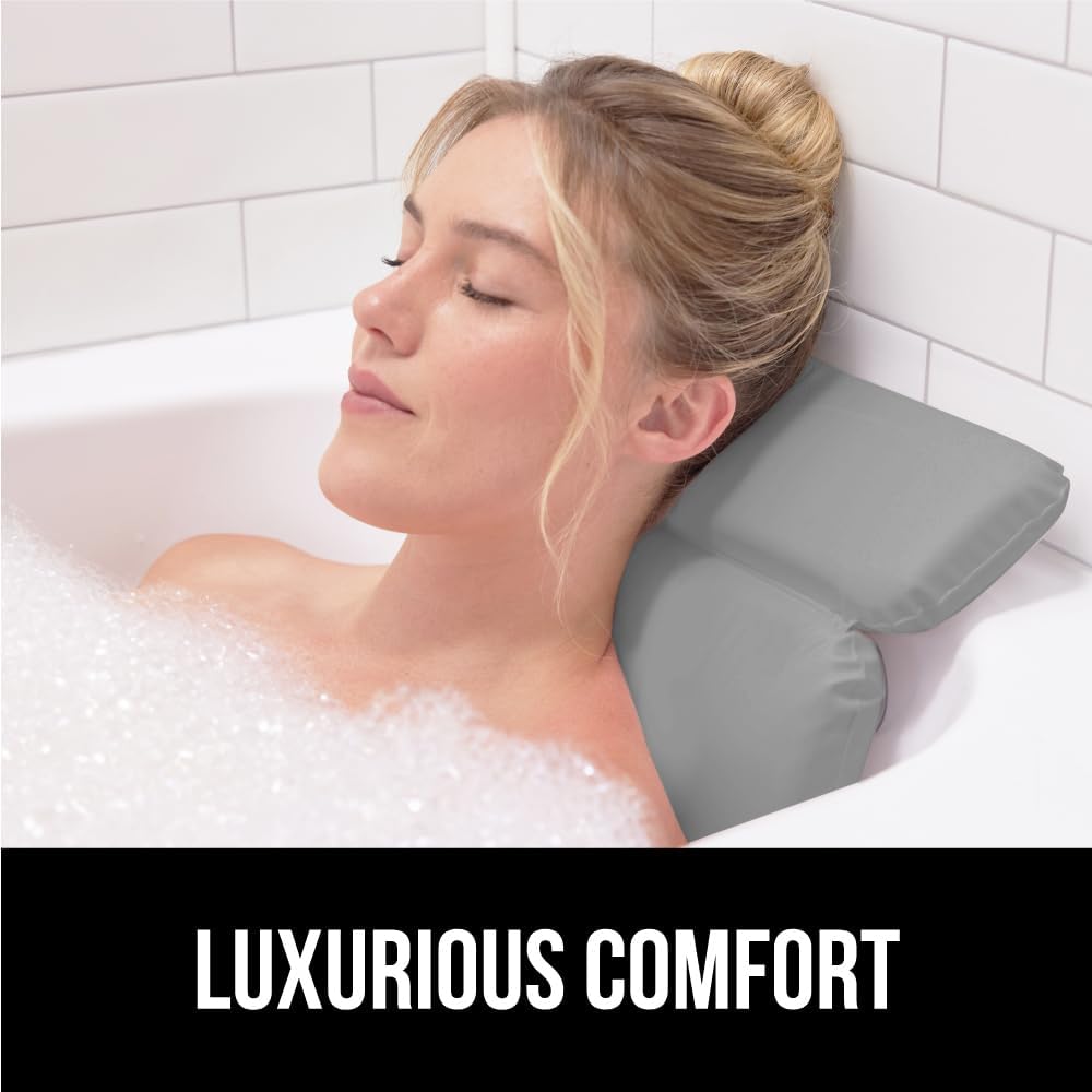 GORILLA GRIP Bath Pillow for Tub, Improved Suction Cups, Luxury Bathtub Pillows, Headrest for Neck and Back Support, Relaxing Home Spa, Hot Tubs and Bathroom Essentials, Gifts for Women, 2 Panel Gray
