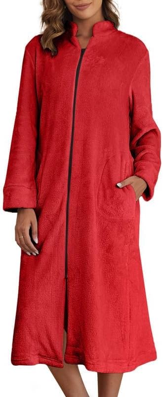 Ekouaer Women's Zip Up Robe Fleece Bathrobe Long Zipper Lounger Warm Housecoat Long Sleeve Nightgown with Pockets S-XXL