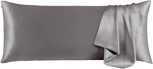 THXSILK Set of 2 100% Mulberry Silk Pillowcase for Hair and Skin, Grade 6A+ Mulberry Silk Pillow Cases Ultra-Soft, Hypoallergenic Pillow Case Cover with Zipper (Body Size 20"x54", Gray)