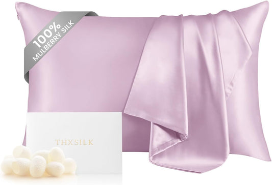 THXSILK 100% Mulberry Silk Pillowcase for Hair and Skin Health, Soft Breathable and Smooth Pillowcase with Hidden Zipper, Both Sides Premium Grade 6A+ Silk, 1pc (Standard 20"x26", Light Purple)