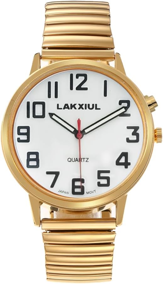 English Talking Watch with Large Numbers, Time-Date Announcement, Stainless Steel Telescopic Strap, Alarm Clock