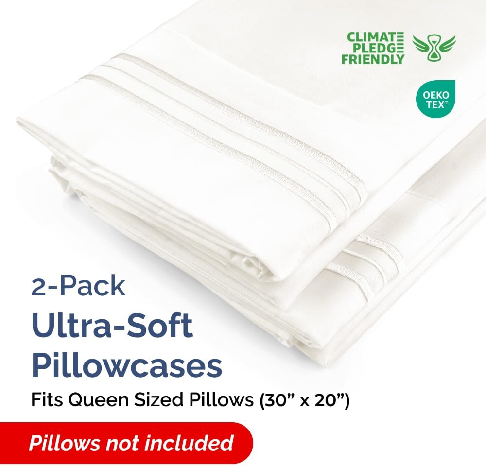 Queen Pillow Cases Set of 2 - Ultra Soft Hotel Quality Pillowcase Covers - Comfy, Cozy & Wrinkle Free - Shrinkage and Fade Resistant - Machine Washable Pillow Protectors - 2 Piece Set - Antique White