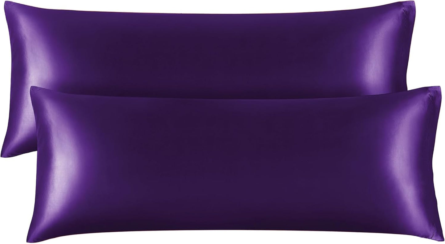 BEDELITE Satin Body Pillow Cover 2 Pack, Super Soft and Cooling Body Pillow Pillowcase for Hair and Skin, Breathable Silky Full Long Pillowcase Cover(20"x54", Plum Purple)