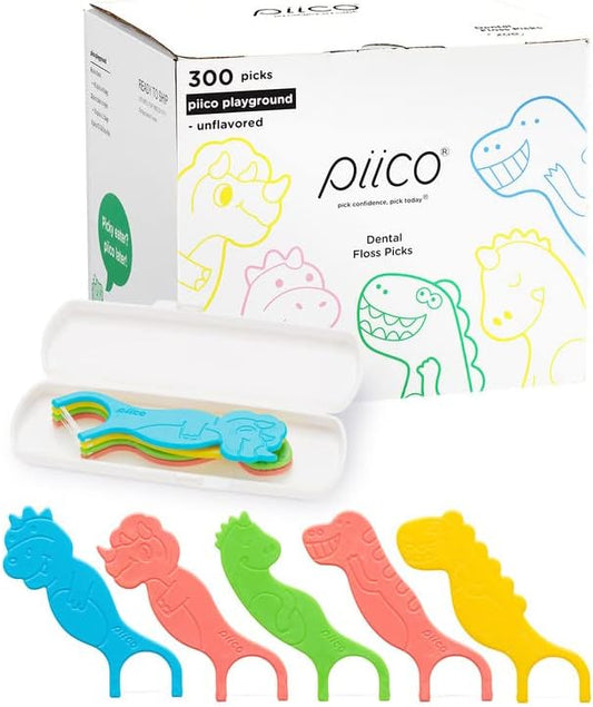 Piico Unflavored Kids Floss - No Fluoride Dual Line Dental Floss Picks - Fun Oral Care in Colorful Floss Sticks Design - Flossers Prevent Tooth Decay & Gum Disease - 300 Playground Dino & Travel Case